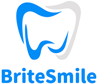 The image is a logo for BrightSmile, which features a stylized tooth with braces, set against a blue background.