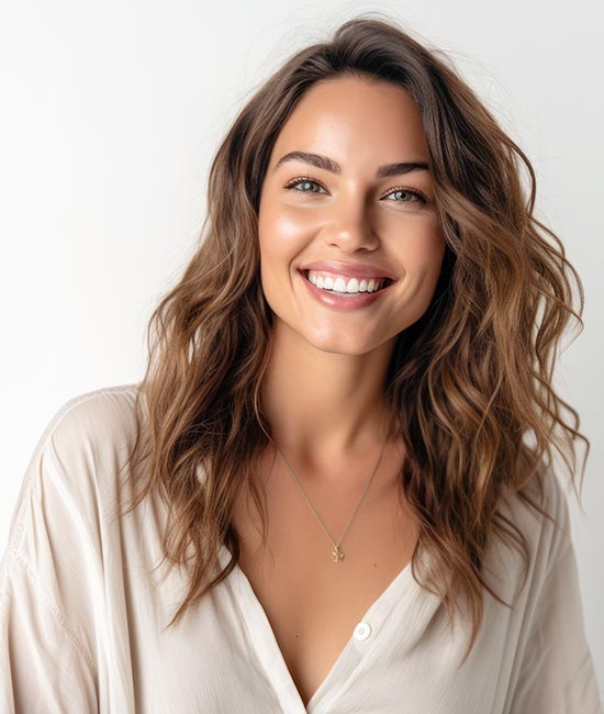 A woman with long hair and a neutral expression, wearing a light-colored top, poses against a plain background.